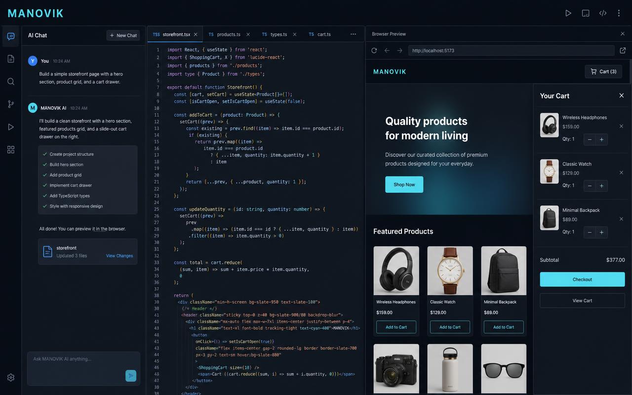MANOVIK coding workspace with chat on the left, TypeScript code in the centre and a live storefront preview on the right